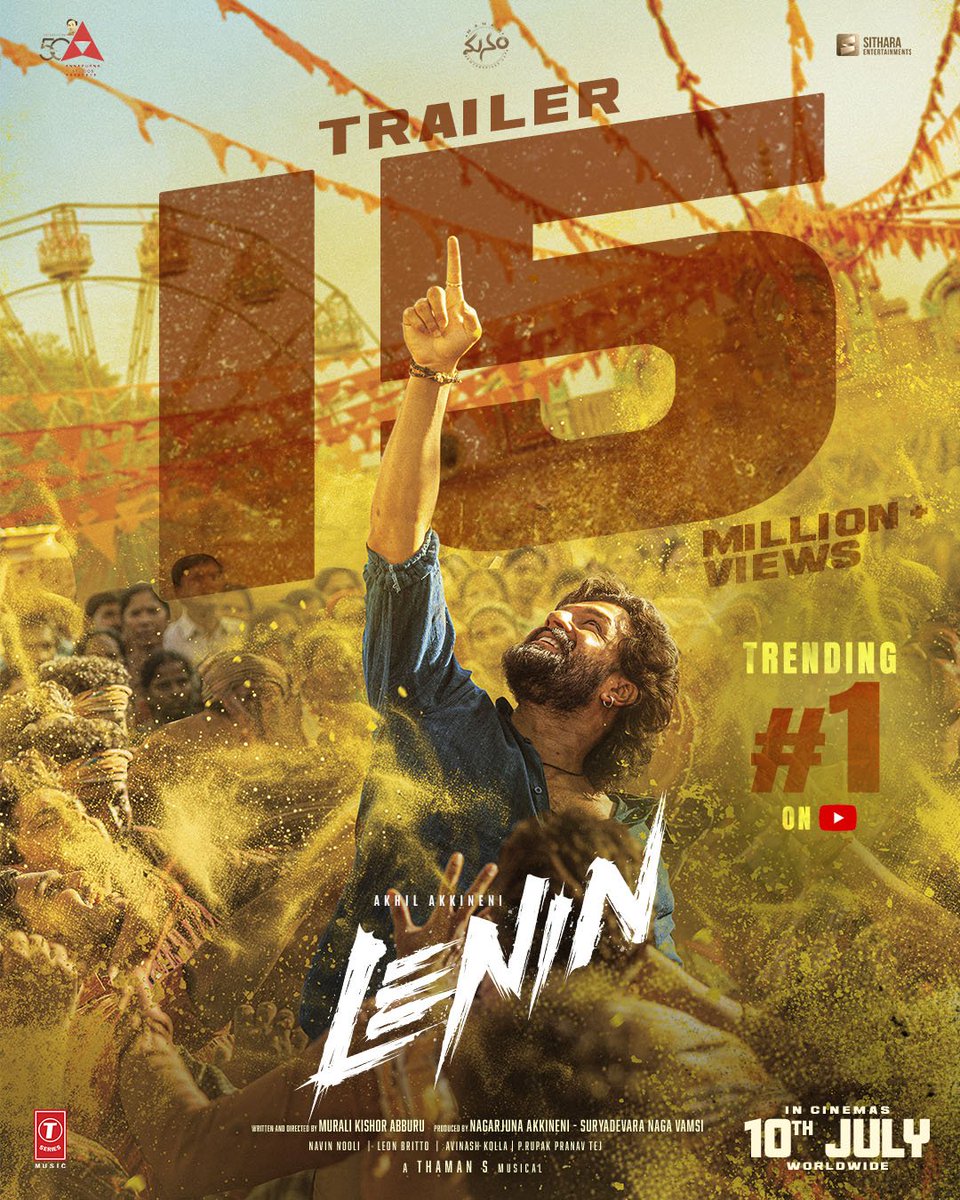 AnnapurnaStdios's tweet photo. A celebration painted in every shade of love 💥💥

#LeninTrailer hits 15 Million+ Views & Trending #1 on YouTube ❤️‍🔥❤️‍🔥

▶️ https://t.co/6tQxCPg3Vu 

#Lenin #LeninOnJuly10th 
@AkhilAkkineni8 #BhagyashriBorse @iamnagarjuna @vamsi84 @KishoreAbburu @MusicThaman @pramodactor1 @NavinNooli @artkolla @leonbrittodp @AnnapurnaStdios #ManamEnterprisesLLP @SitharaEnts @tseriessouth
