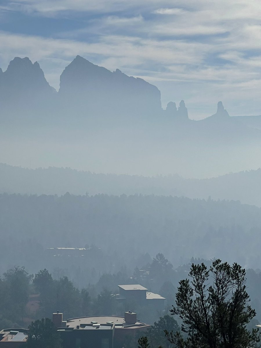 sandra_walter's tweet photo. Sedona Pocket Fire Update: The fire is at 23,451 acres as of Friday July 3 morning. 25% containment.

Thank you for intending rain.

Smoke can be heavy in town when the wind shifts, and in the morning.

Oak Creek Canyon and Rt 89 from Uptown Sedona to the Southern Flagstaff area is closed.

Updates and more details, evacuations, etc at Watch Duty https://t.co/OvOajJjuuK

In LoveLight and Service,
Sandra 

Photos from 7am Friday morning.