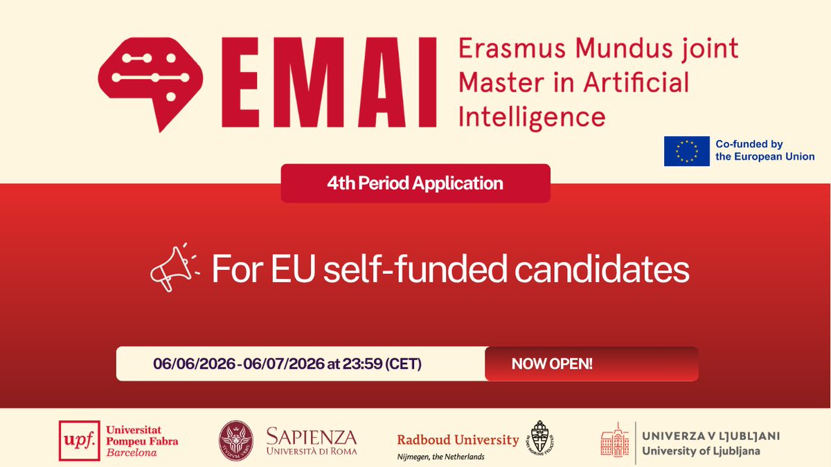 EMAI_eu's tweet photo. ⏳  Just 3 days left! 

Join the #EMAI community and help shape the future of #AI through world-class education, collaborative learning and cutting-edge research. 

🇪🇺 European self-funded candidates: apply by 7 July, 23:59 CEST👉 https://t.co/6t2YjsyOtz

#AI #ErasmusMundus https://t.co/jjQ4M65bl1
