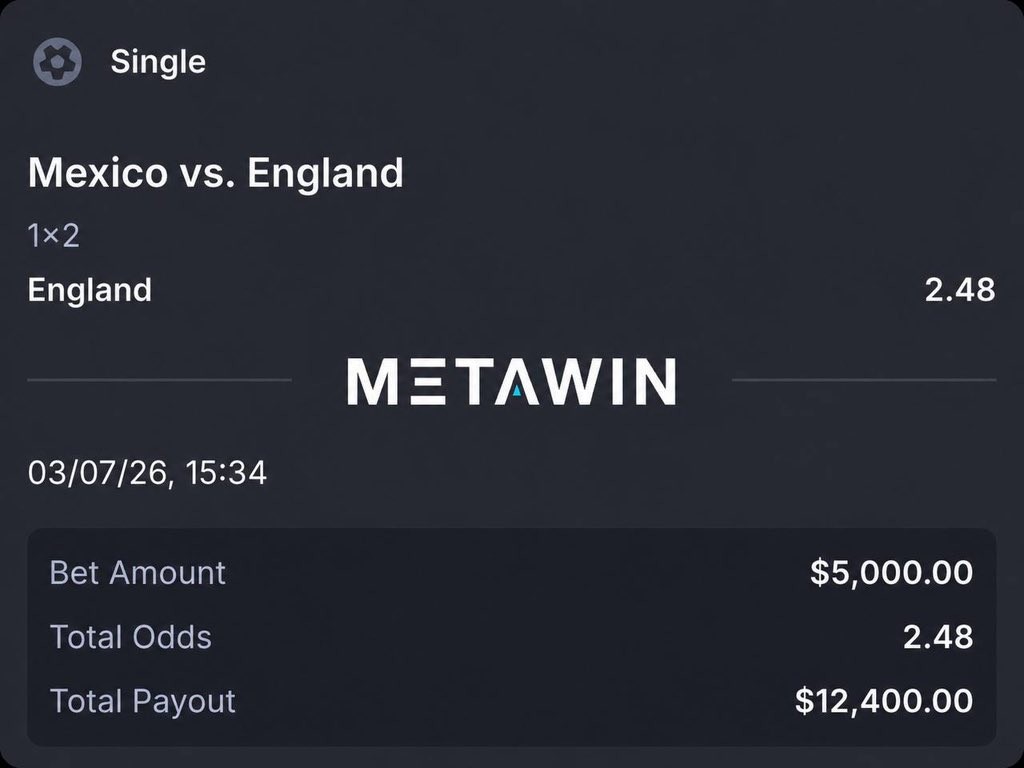 Booksey's tweet photo. My last one hit so I’m running it back HEAVY

@MetaWin has the best odds on the World Cup

And everyone who bets there earns part of their $4M airdrop on the 15th

Comment your wallet below, I’ll give away another $300 so one of you can bet too https://t.co/Wdssa84Qb0