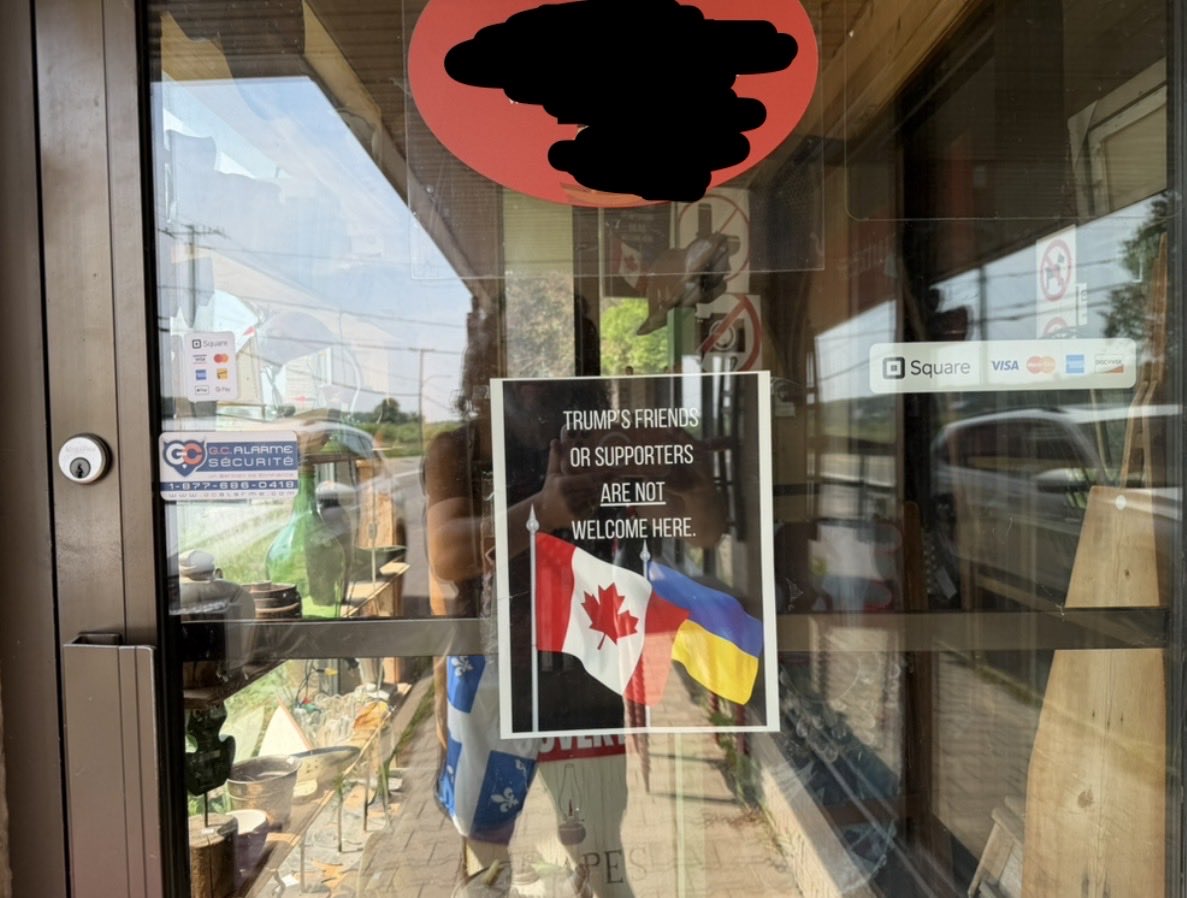thevivafrei's tweet photo. You want to know how brainwashed people are in Canada?

I saw this at the entrance of an antique shop the middle of rural Quebec.

In an area that relies heavily on the tourism.

A sign that likely violates Quebec’s language laws (signs must be bilingual and the French portion needs to be “clearly predominant”).

Pure brainwashed idiocy.

The definition of cutting off your nose to spite your face.

This man would rather lose money than take it from his ideological adversaries.

And he is filled with such hate, he feels compelled to share it with the world.

Needless to say, we did not enter the store.