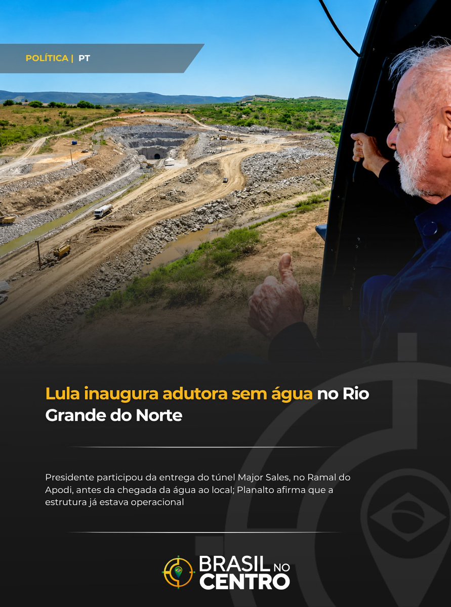 BRnoCentro's tweet photo. O presidente Luiz Inácio Lula da Silva participou nesta quinta-feira da inauguração do túnel Major Sales, no Ramal do Apodi, no Rio Grande do Norte. Durante a cerimônia, a água da transposição do Rio São Francisco ainda não havia chegado ao local.

Em discurso, Lula atribuiu o episódio a um erro de cálculo e afirmou que a água alcançaria o túnel ainda durante a noite. Em nota, o Palácio do Planalto informou que a estrutura já estava operacional e que o atraso ocorreu apenas pelo tempo necessário para a água percorrer o sistema da transposição.

A obra integra o Projeto de Integração do Rio São Francisco e pretende reforçar o abastecimento hídrico em municípios do oeste potiguar.

Confira a reportagem completa no Brasil no Centro.

https://t.co/xKPs5ODFB3