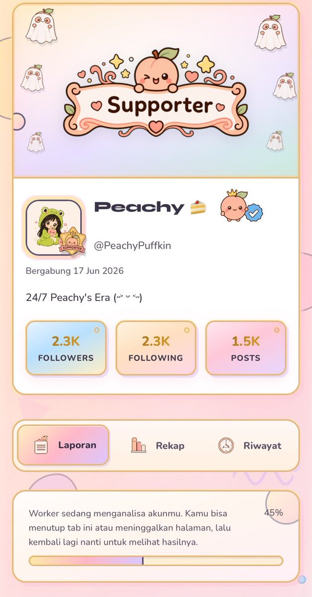 PeachyPuffkin's tweet photo. halo mutual tl ku, aku mau mengenalkan https://t.co/4KzqkcfZF8 (gratis, cuma butuh username)
berikut fiturnya

analisa penuh, buat kalian para cenblue maupun bukan yang ingin mengecek kesehatan akun kalian dengan sangat detail bahkan diberikan rekomendasi perbaikan buat akun kalian (cukup makan waktu karna memang dianalisa penuh, tapi bisa kalian tinggal dulu bikin mie atau buka x, ditutup browsernya juga gapapa karna proses berjalan di server)

multi bahasa EN, ID, JA

tampilan supporter dan user biasa beda ya, keduanya gratis