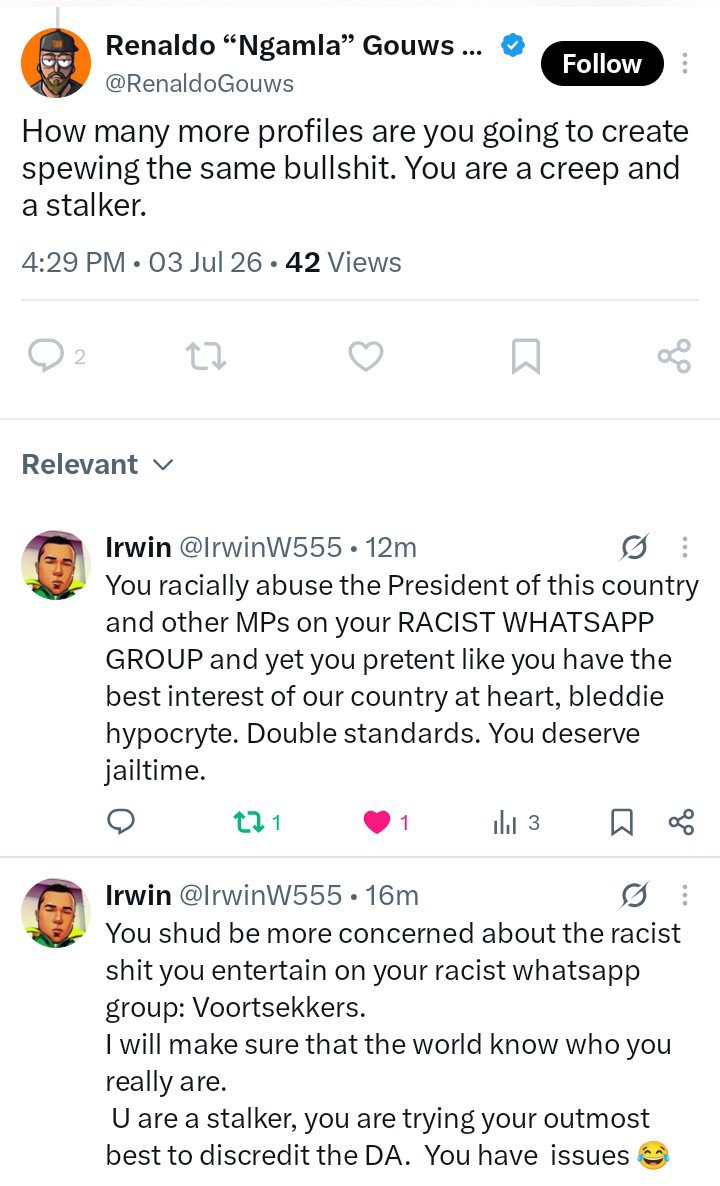 IrwinW555's tweet photo. Renaldo Gouws is a RACIST..He is obsessed  with the DA.
The guy is still full of hatred towards the DA. https://t.co/ihaxPnlhyJ