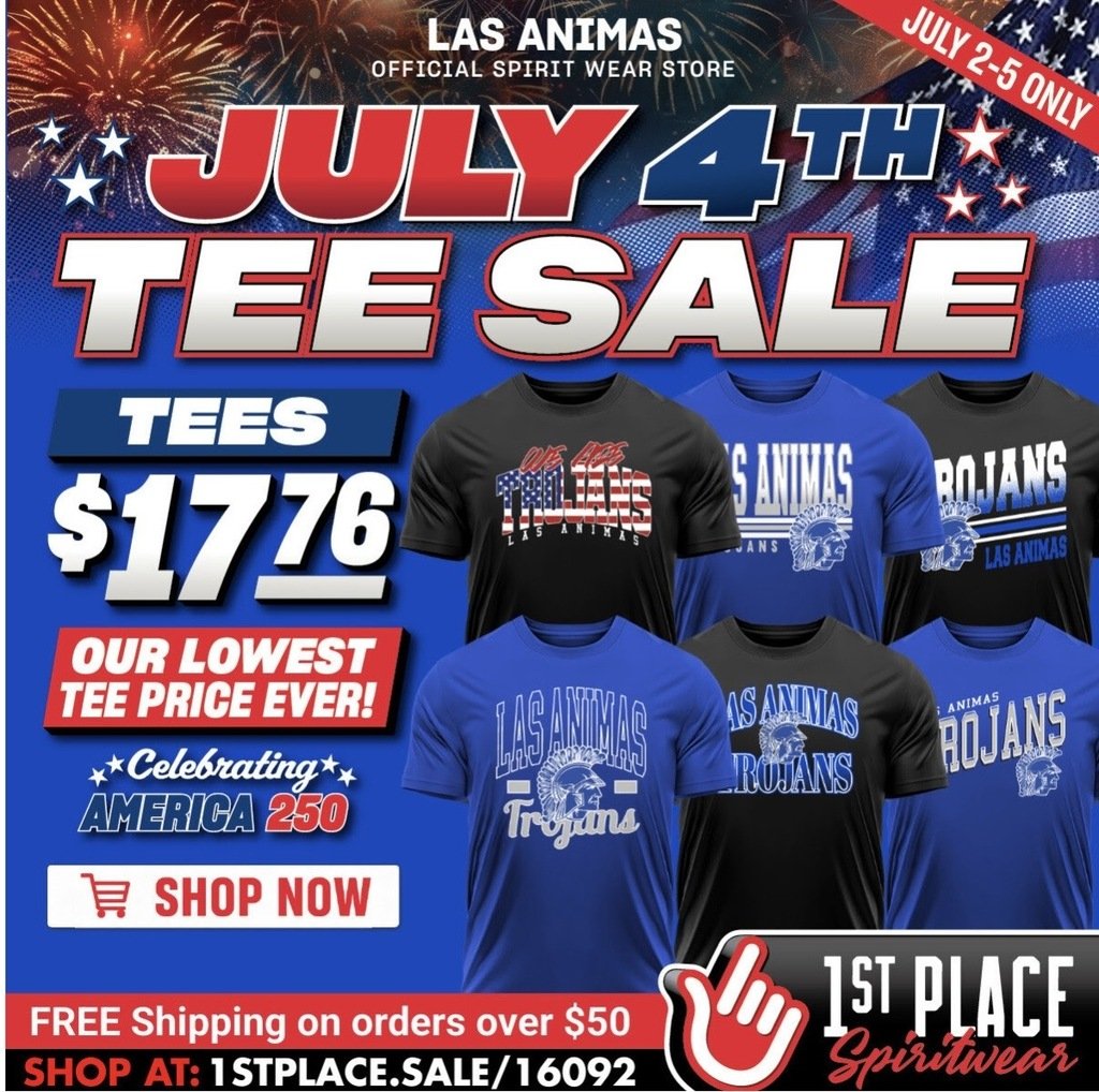 LasAnimasSchool's tweet photo. Don't miss out on $17.76 tees! Buy your Las Animas spirit wear at our best price of the entire year! Sale runs through 7/5 https://t.co/BnOYUj97Xi https://t.co/BYtvdqH7WZ