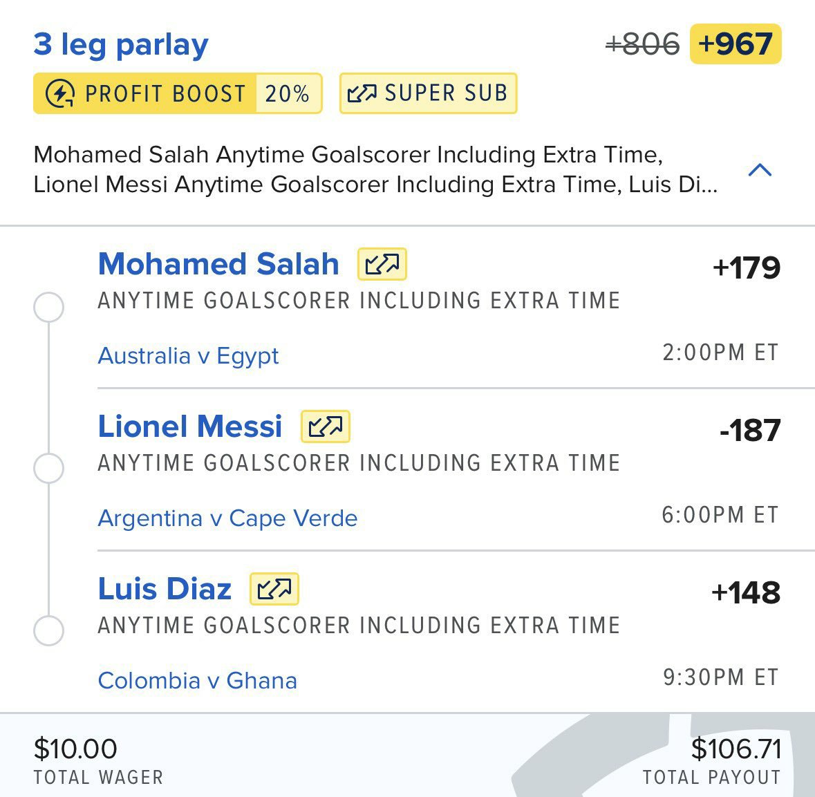 FaithfulMi77838's tweet photo. Mohamed Salah to find the net against Australia.

Lionel Messi to continue doing what he does best for Argentina.

Luis Díaz to shine for Colombia with a goal.

Three elite attackers. Three anytime goalscorer picks. Let's cash it. ⚽🔥💰 https://t.co/FX6vhALp3f