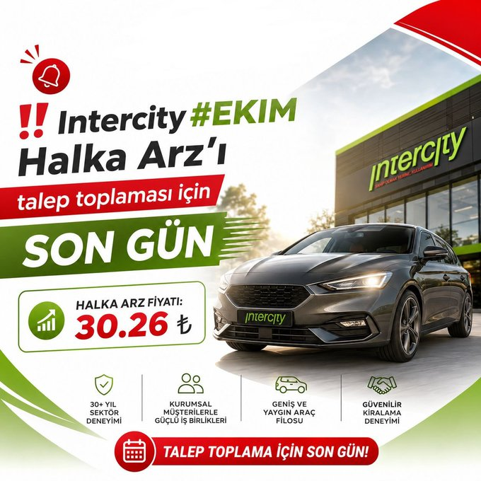 tiromaome's tweet photo. ‼️Intercity #EKIM Halka Arz'ı talep toplaması için Son Gün:

Halka Arz Fiyatı: 30.26 ₺

Katılım endeksine uygun değil ❌ 

• Talep toplama Bugün saat 17:00 da sona erecek.

📌 200 Lot talep etmeniz yeterli olacaktır.

Katılımlar Halka Arz bölümünden. https://t.co/iwKG9v4AC0