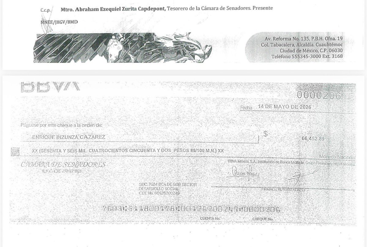 jorgegogdl's tweet photo. El senador Enrique Inzunza ha seguido cobrando su quincena en cheques de Banorte y BBVA a pesar de NO IR A TRABAJAR, cobra 122 mil pesos al mes en cheque de caja. Porque ya no le pueden depositar porque TIENE BLOQUEADAS las cuentas por las acusaciones de NARCOTRÁFICO en USA. https://t.co/cW8HQbDRng