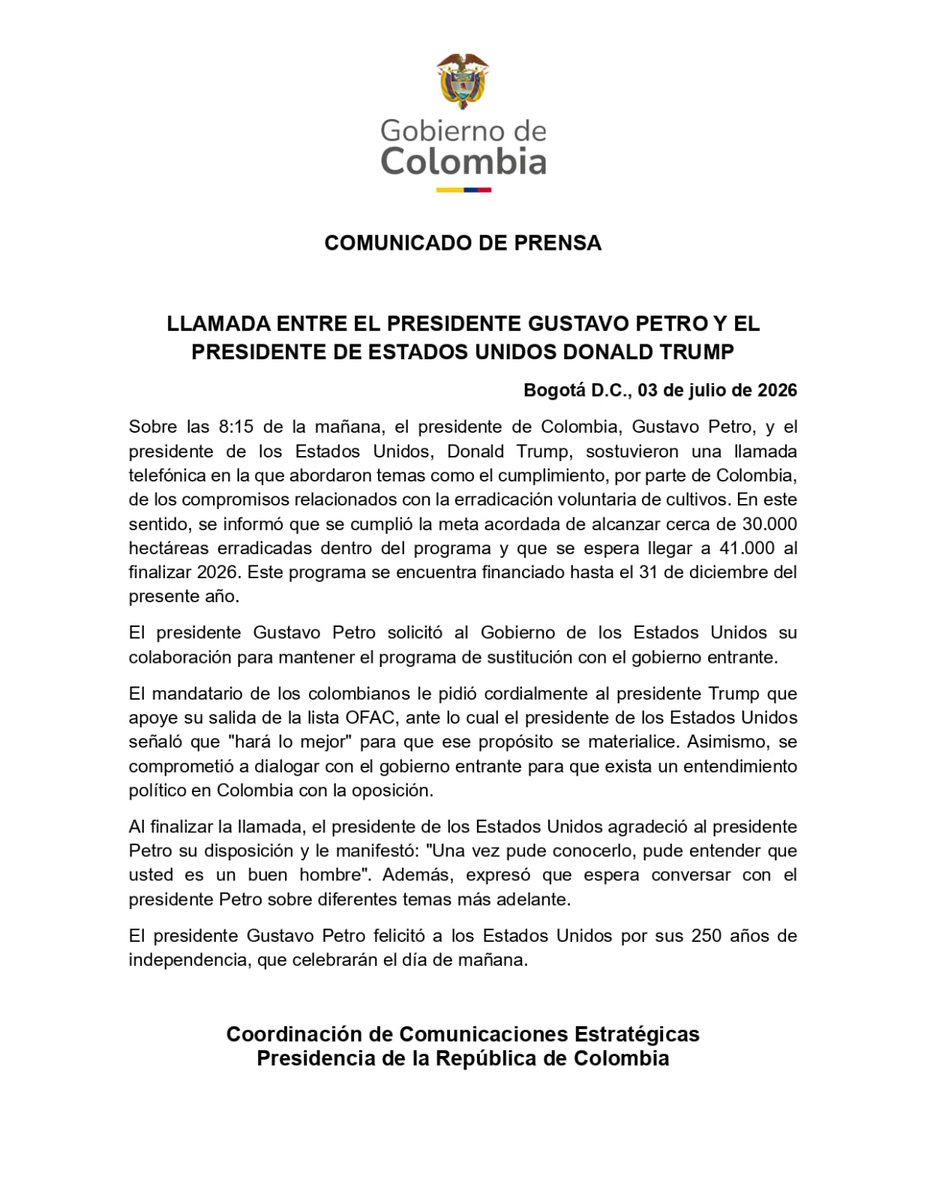 lafm's tweet photo. #ATENCIÓN | 🔴 El presidente Gustavo Petro charló por teléfono con su homólogo estadounidense, Donald Trump, para pedirle el retiro de él y de Verónica Alcocer de la lista OFAC o Clinton.

Según el Gobierno colombiano, Trump respondió que hará “lo mejor” para cumplir esa meta. https://t.co/FAGjWwEva2