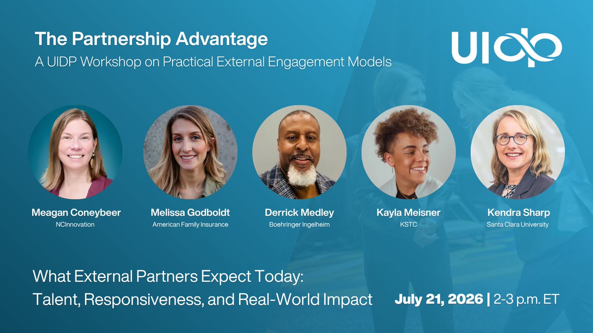 teamuidp's tweet photo. Join leaders from NCInnovation, @AmFam, @Boehringer, KSTC, and @SantaClaraUniv at UIDP's Partnership Advantage Workshop. Register today: https://t.co/f9Npl7CKPB #PartnershipAdvantage https://t.co/6PDu4Le7Bm