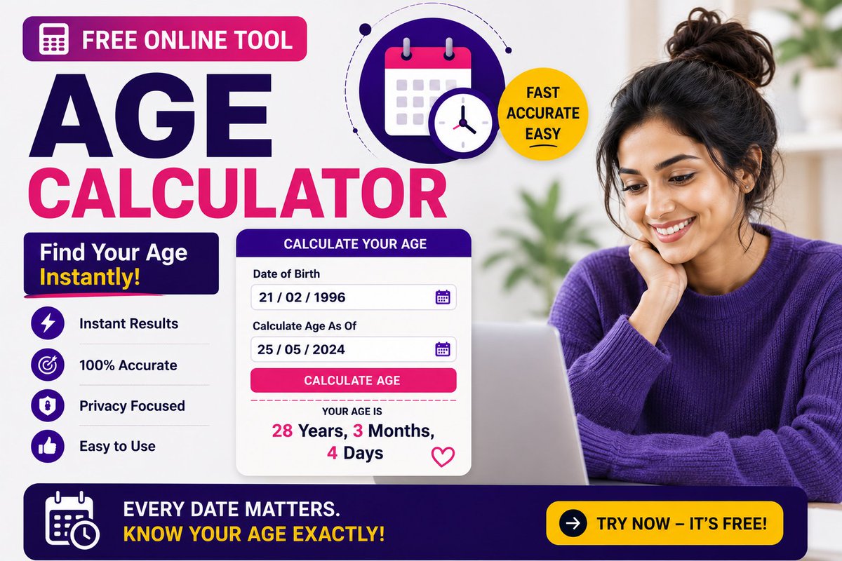 bulkseosolution's tweet photo. 📅 Need your exact age in seconds?

Our FREE Age Calculator instantly calculates your age in years, months, weeks, and days—perfect for forms, birthdays, planning, or simple curiosity.

🔗 https://t.co/obLOi8JruL

#AgeCalculator #OnlineTools #Productivity #FreeTools #Technology https://t.co/upDYV0cpaH