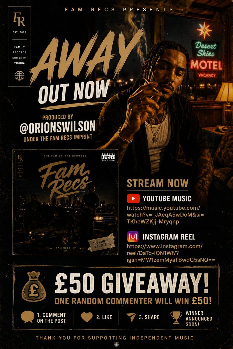 Gh05tw0rk5's tweet photo. 🚨 NEW RELEASE + $50 GMOBAI GIVEAWAY 🚨

🎵 "Away" by Fam Recs is OUT NOW!

Produced by @orionswilson under the Fam Recs imprint.

🎧 Listen on YouTube Music:
https://t.co/RGKfGbxVQX

🎬 Watch the Instagram Reel:
https://t.co/mXtwsKYofB

💰 WIN $50 WORTH OF GMOBAI TOKENS!

To enter:
✅ Watch the Instagram Reel
✅ Like the Reel
✅ Leave a comment on the Reel
✅ Follow @orionswilson

One random commenter will receive **$50 worth of GMOBAI**. The prize will be sent directly to the winner's wallet. If you don't already have a wallet, we'll help you set one up.

Winner announced after the campaign ends.

Please repost and help support independent music! 🔥

#FamRecs #Away #NewMusic #HipHop #Rap
