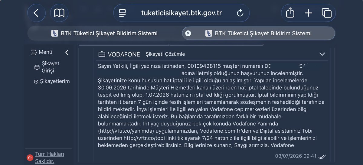dokt_orhan's tweet photo. İtiraz ettim verilen yanıtlar şaka gibi. Henüz 7 gün dolmamasına rağmen işlem geri alınmıyor, 7 gün dolunca fesih tarafınıza bildirilecektir yanıtı veriliyor. Talebiniz umurumuzda değil demek değil mi bu?

@VodafoneTR @VodafoneDestek https://t.co/kblg35iciY