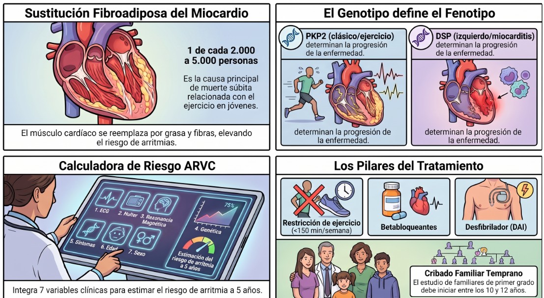 cardioteca's tweet photo. Detrás de muchas muertes súbitas en el deporte hay un diagnóstico que llevaba décadas necesitando una revolución. Ya está llegando.

Miocardiopatía arritmogénica del ventrículo derecho, riesgo arrítmico y tratamiento  
https://t.co/PBb9Ia99nb 

🧬 El genotipo define ahora el diagnóstico, el pronóstico y el tratamiento de la miocardiopatía arritmogénica.
⚡ La calculadora de riesgo ARVC integra 7 variables y ha sido validada en más de 1.200 pacientes.
🏃 Restringir el ejercicio reduce el riesgo arrítmico incluso en portadores genéticos asintomáticos.
💊 Betabloqueantes a dosis óptima y flecainida como adyuvante: el tratamiento médico estándar actual.
❤️ Las terapias génicas específicas para PKP2 ya están en desarrollo avanzado: el horizonte más prometedor.