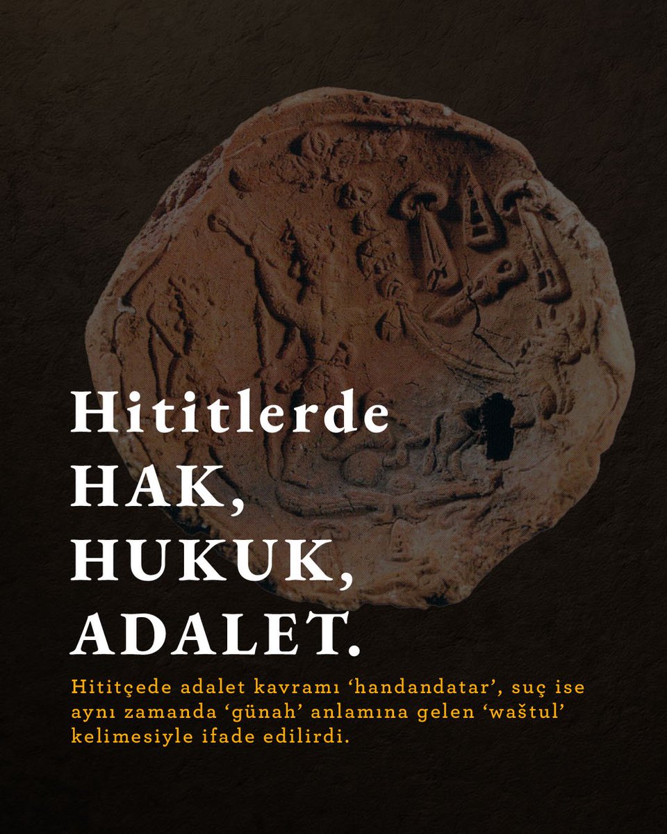ArkheDergisi's tweet photo. 📌Hititlerde HAK, HUKUK, ADALET.
Hititçede adalet kavramı ‘handandatar’, suç ise aynı zamanda ‘günah’ anlamına gelen ‘waštul’ kelimesiyle ifade edilirdi.
+++ https://t.co/h6k4SRw4CJ