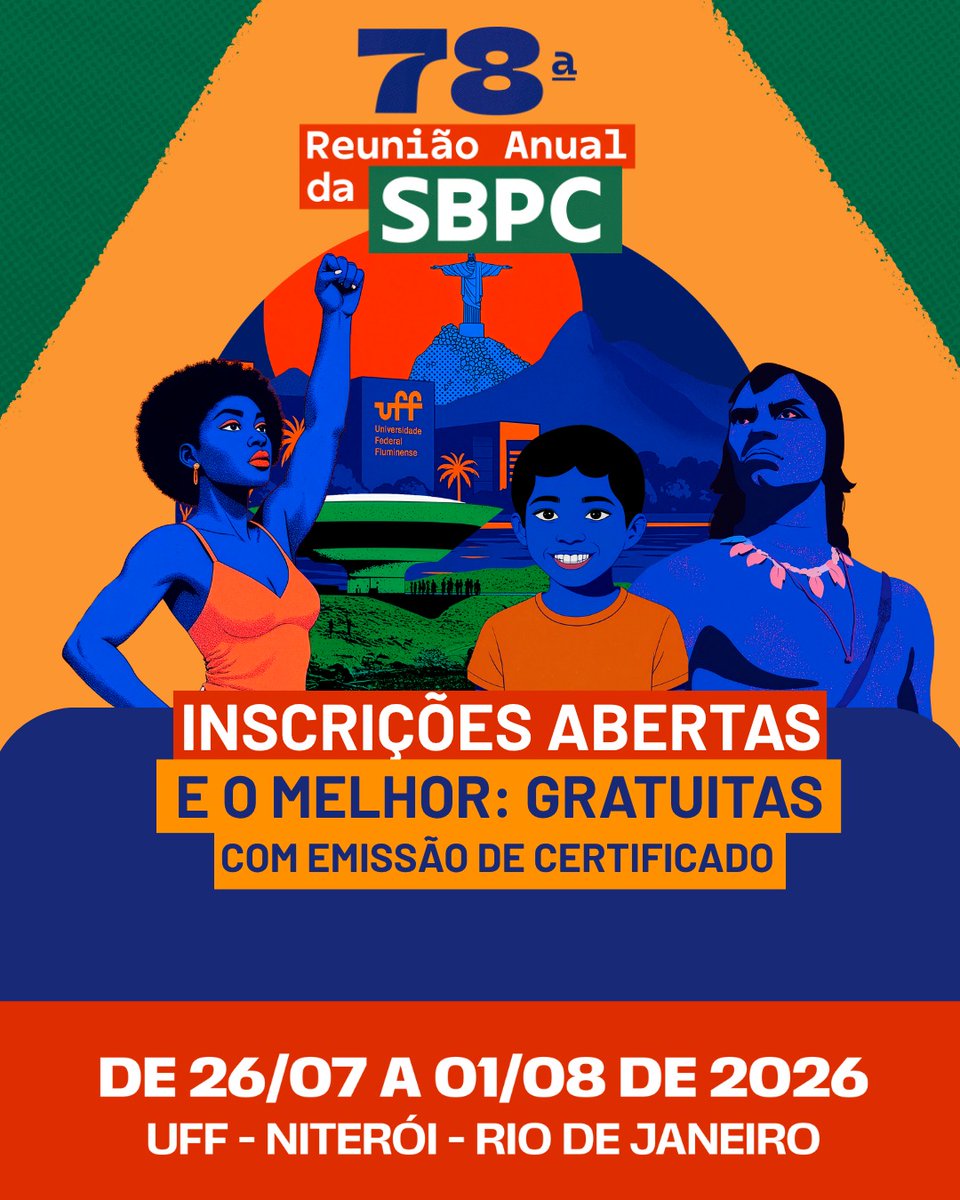 uff_br's tweet photo. A ciência é para todos! ✨
​Estão abertas as inscrições gratuitas para SBPC, o maior evento científico da América Latina! E sim, tem certificado incluso.
​🗓️ 26/07 a 01/08 de 2026
📍 UFF – Niterói
👥 Para estudantes, professores e curiosos!

Saiba mais: ​https://t.co/yCoTkdw0rX https://t.co/YuxSmRzQhl