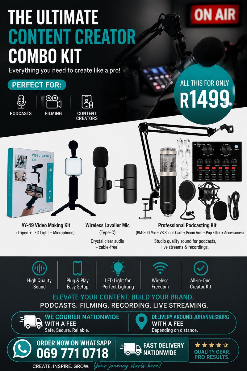 DocHub_Agency's tweet photo. The Ultimate Content Creator Combo Just for R1499

📲 WhatsApp: https://t.co/I6n0oLafWa
 069 771 0718

Xoli Dlamini Carnilinx General khan Zee Donga Islamophobia Driving Credo Western Cape Cape Town city SAPS Durban july Sebelebele Oswin Appollis #PSLAwards2026 #FuelFriday https://t.co/s7AlQEZkV4