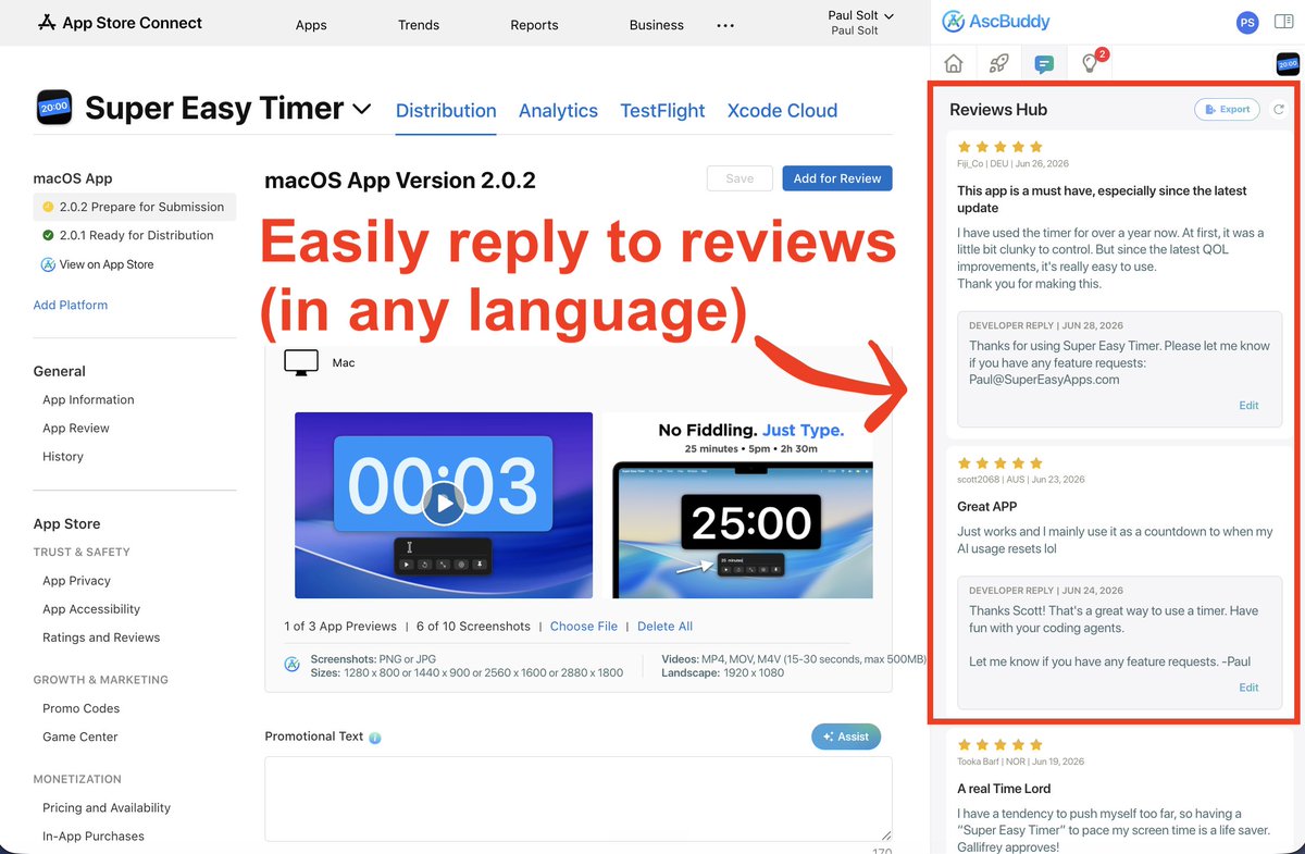 PaulSolt's tweet photo. Publishing your first iOS app this weekend?

7 reasons to download this CHROME extension for App Store Connect.

1. The Submission Guide has direct links to every field you need to fill out
2. Smart tips show you what to do next
3. App Store reviews: Reply in English + auto-translate replies
4. Auto-localizer: Quickly localize your app into 46+ languages
5. Dark Mode for App Store Connect (finally!)
6. Screenshot and App Preview dimensions so you know sizes before you create assets
7. See your downloads and revenue analytics at a glance

Thanks @AscBuddy for sponsoring this post.