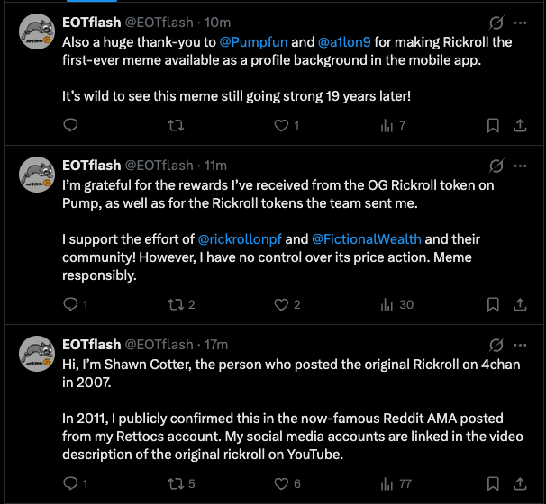 FictionalWealth's tweet photo. To those that doubted me.  $RICKROLL, og on Pump is officially supported by Shawn Cotter, the creator of the RICKROLL. You can verify for yourself.  

How long before CT realizes it and crime it? Tik Tok.

@a1lon9
Hope you're gonna hold the bag you bought 2 years ago for another year or two. No limit on this one.
