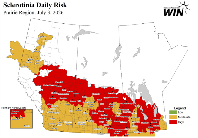 RPCropWatch's tweet photo. 🚨 High Sclerotinia Risk Alert!

Conditions are favorable for disease development in many areas. Take action to protect your crop &amp; yield potential. Contact your local #RichardsonPioneer representative for Disease Risk Map and fungicide recommendations.

Today's map below. ⤵ https://t.co/Kn4HCsHWyV