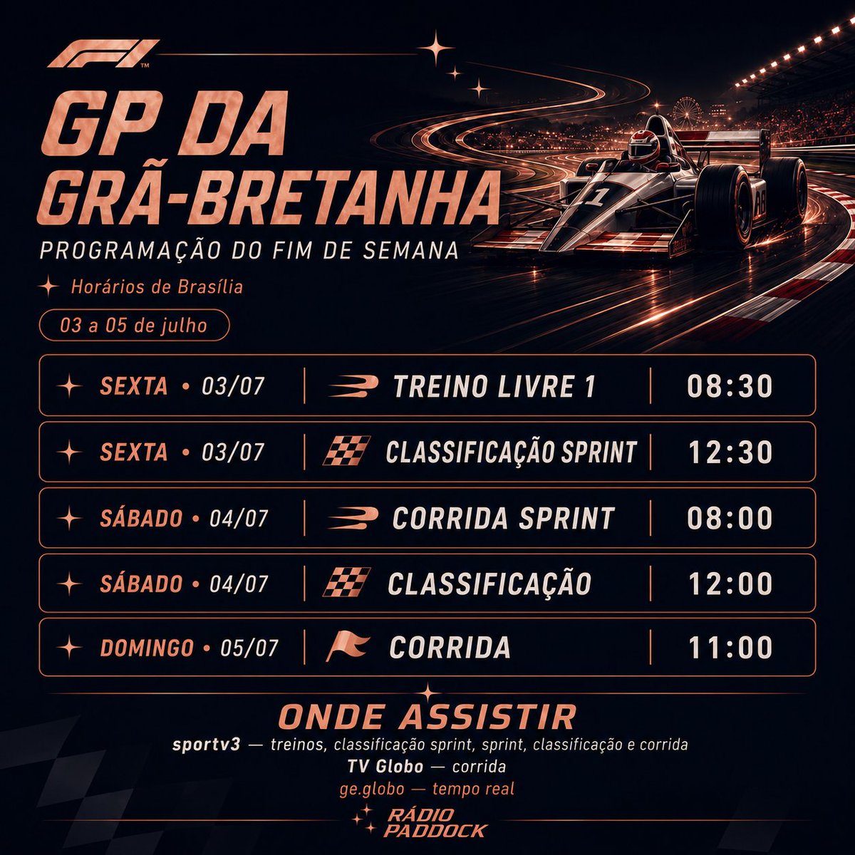 radiopaddock's tweet photo. Agenda do fim de semana no card ✨

No único TL de Silverstone, Hamilton começou liderando em casa. A McLaren não dominou, mas ficou ali no bolo com Piastri em P5 e Lando em P7, e Bortoleto fechou em P12 pela Audi.

Agora já vem sprint, então nem deu tempo de respirar https://t.co/vFipVzrfs5