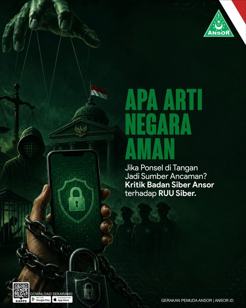 Official_Ansor's tweet photo. Sangat disayangkan,  RUU Keamanan Siber yang harusnya jadi perisai publik justru dibahas secara tertutup oleh elite regulasi. Badan Siber Ansor mengkritik paradigma tersebut. 

Menurutmu, apa ancaman siber yang paling bikin cemas di ponselmu saat ini? https://t.co/Lkio67gJa0