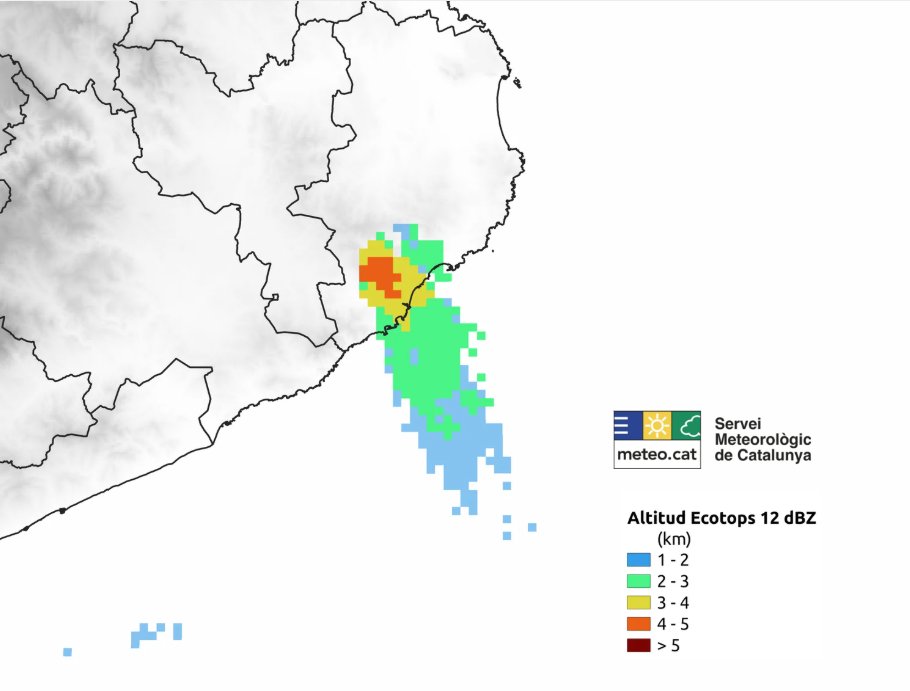 meteocat's tweet photo. L'imatge de radar (esquerra) ens permet identificar que el fum de l'#incendi ja ha arribat als 4-5 km d'altitud. A la imatge de la dreta es pot observar l'incendi i el plomall de fum des del satèl·lit Meteosat. https://t.co/QbBSsLvlz3