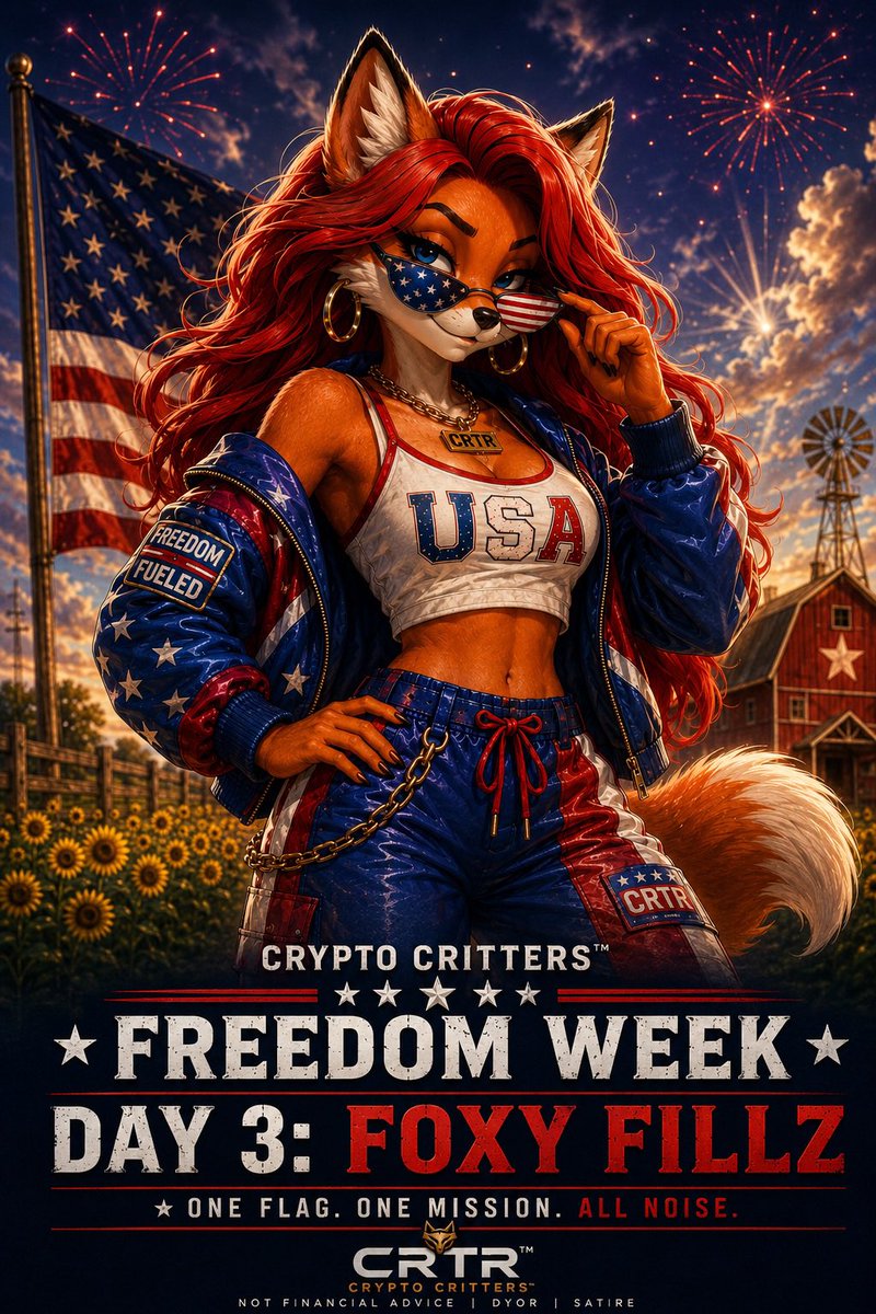 CrittersTM's tweet photo. Freedom Week Day 3 just got loud.

Foxy Fillz pulled up with star shades, red hair, and farm-fire energy.

One flag. One mission. All noise.

Join the Critters™
NFA. DYOR. Satire 
#Foxy #CryptoCrittersTM https://t.co/cimqs8ppip