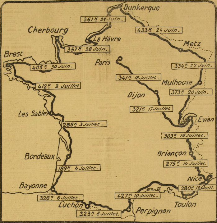 ammattipyoraily's tweet photo. 🇫🇷 Tour de France 100 years ago. L'Auto presented map of 1926 Tour. 20th edition consisted of 17 stages and 5,745 km. 🏆⏱️ 238h 44m 25s.

(📷 L'Auto, 19/6/1926, p. 3)
_________________
🇫🇷 #TDF2026 https://t.co/yC8NExBF7k