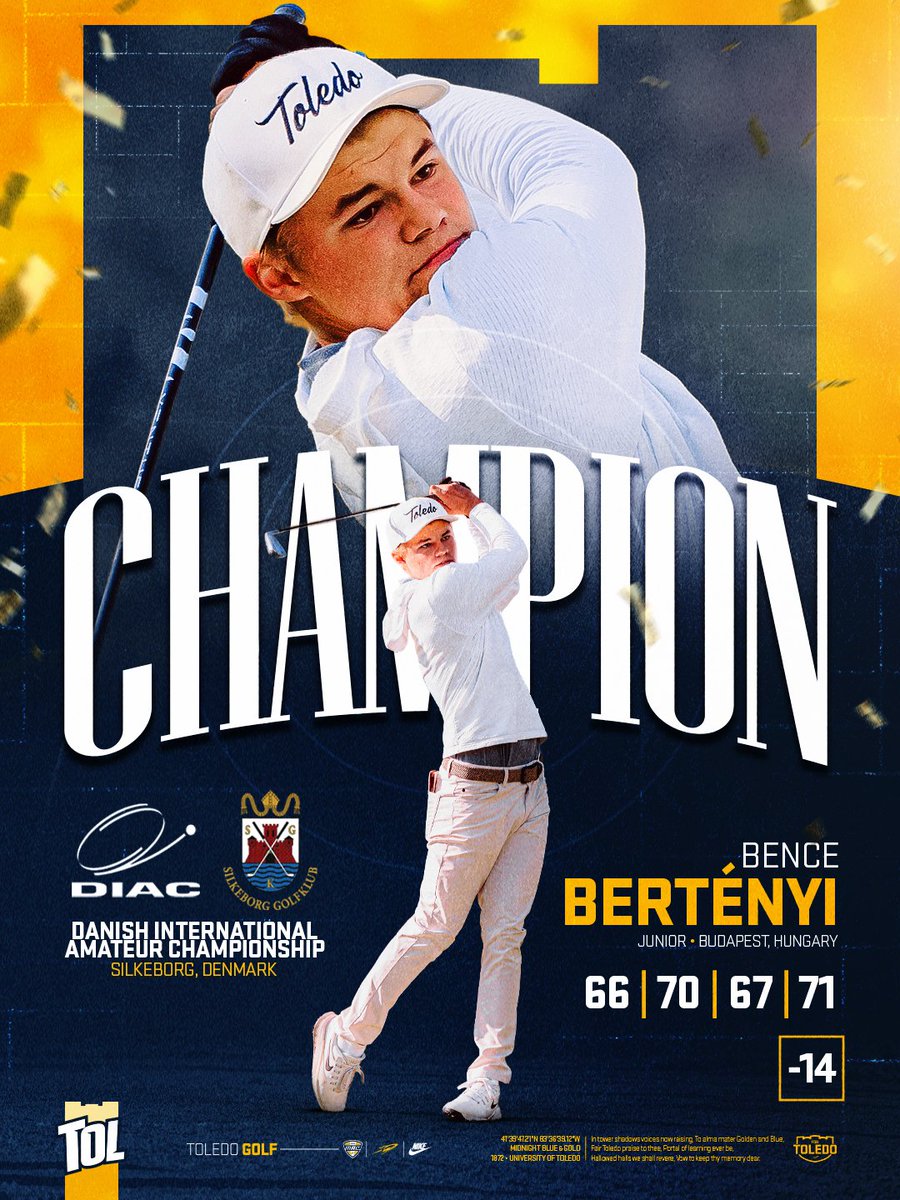 ToledoMGolf's tweet photo. 𝗖𝗢𝗡𝗚𝗥𝗔𝗧𝗦 𝗕𝗘𝗡𝗖𝗘! 🏆👏👏

🔵 7⃣-shot victory with score of 1⃣4⃣-under par 274 at this week's Danish Amateur
🟡 One of three golfers to shoot under par in final round 
🔵 Registered a par or better on 67 of 72 holes. 

🔗 https://t.co/aQ9ZzRZiR9 https://t.co/mvAxLX9qfH