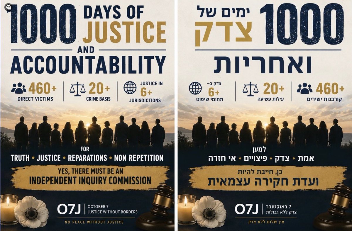 October7Justice's tweet photo. 1001 days since the atrocities. Representing hundreds of direct victims, pursuing criminal, civil &amp; multijurisdictional accountability. Help us continue—we've reached 50% of our fundraising goal.
🇺🇸 https://t.co/D2RproACtN 🇮🇱 https://t.co/yj23fXa6Lz 🇪🇺🇨🇭 https://t.co/MRSDkmRsHC https://t.co/u5LpXLQnhN