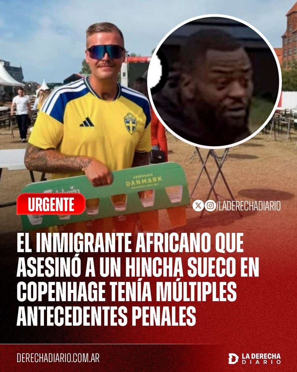 laderechadiario's tweet photo. 🚨🇸🇪🇩🇰🇨🇮 | EUROPA SE SUICIDÓ: Se reveló que el inmigrante africano que asesinó a Christian Zedig —el policía sueco que sufrió muerte cerebral tras recibir una brutal golpiza por festejar la victoria de Noruega ante Costa de Marfil en una fan zone de Copenhague— ya sumaba cargos por violación y agresión violenta, e incluso había sido condenado a siete años de prisión por intento de homicidio en 2017, sin siquiera ser considerado para deportación.