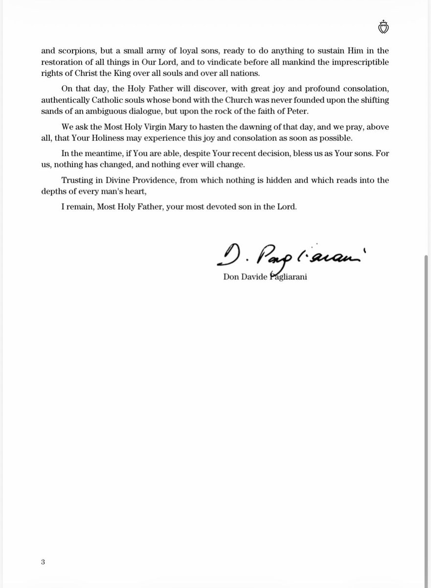 silerenonpossum's tweet photo. The Priestly Fraternity of Saint Pius X has published an open letter addressed to Pope Leo XIV following the declaration of schism and the new sanctions imposed by the Holy See.

In the text, the Superior General, Fr Davide Pagliarani, states that the Fraternity does not accept the measures adopted, which it describes as “objectively unjust and invalid”, but says it will not respond “in bitterness or rebellion”. The FSSPX maintains that it acted solely for the good of souls and of Catholic Tradition, reaffirms its fidelity to the Church and to the Pope, and says it is convinced that a future Pontiff will recognise the role played by the Fraternity in preserving the faith and the traditional liturgy.

The letter concludes with an appeal to Leo XIV to continue blessing the members of the Fraternity “as his children”, stating that, despite the sanctions, “for us nothing has changed and nothing will ever change”.
