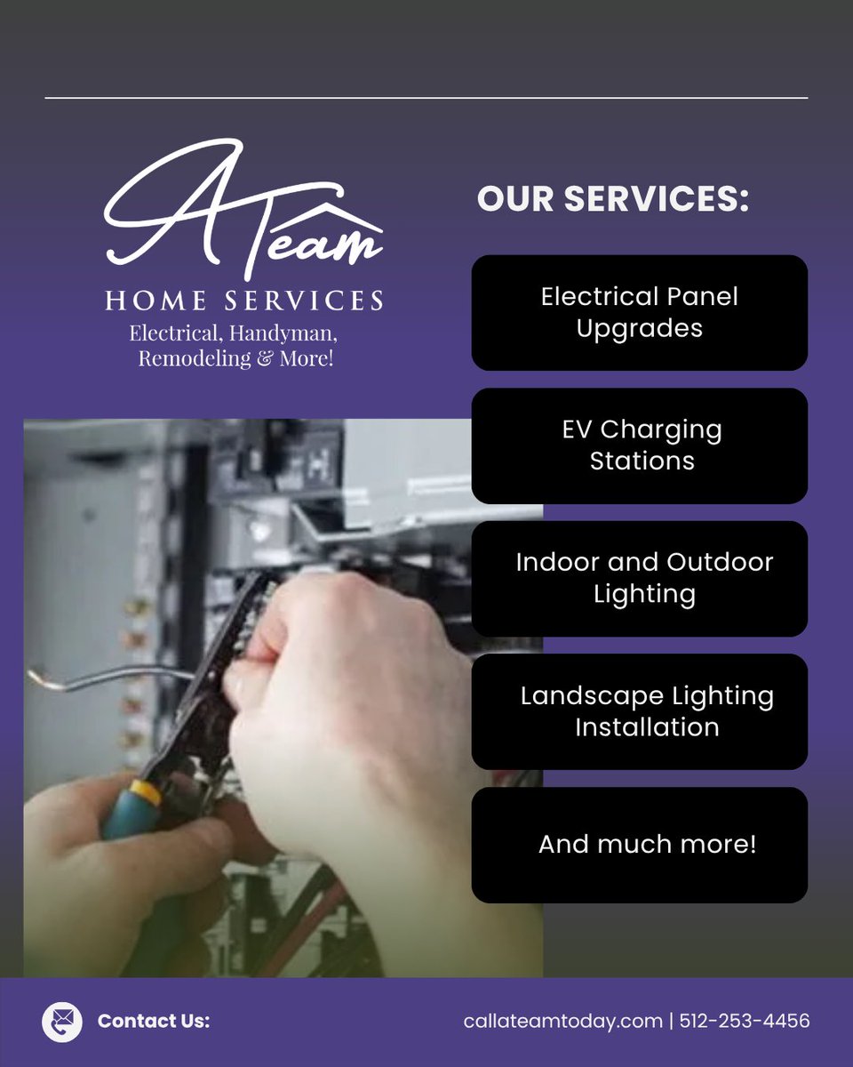 callateamtoday's tweet photo. Keep your home powered safely this summer with help from A Team Home Services. From panel upgrades to troubleshooting and lighting installs, our licensed electricians are here to help.

Learn more here: https://t.co/HiCTYUNo1I https://t.co/kv6X0JhuOF