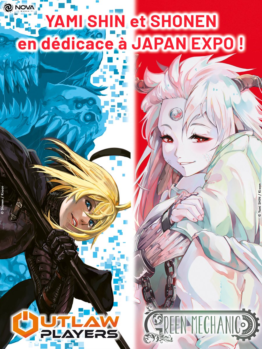 Manga_Nova's tweet photo. Yami Shin (Green Mechanic), Shonen (Outlaw Players, DARK SOULS REDEMPTION) et Harimaru (Suicide Red)
seront tous en dédicaces à Japan Expo !

Vous pourrez les retrouver sur les stands de Ki-oon et Mana Books 🔥 https://t.co/bs2th9Ni6q