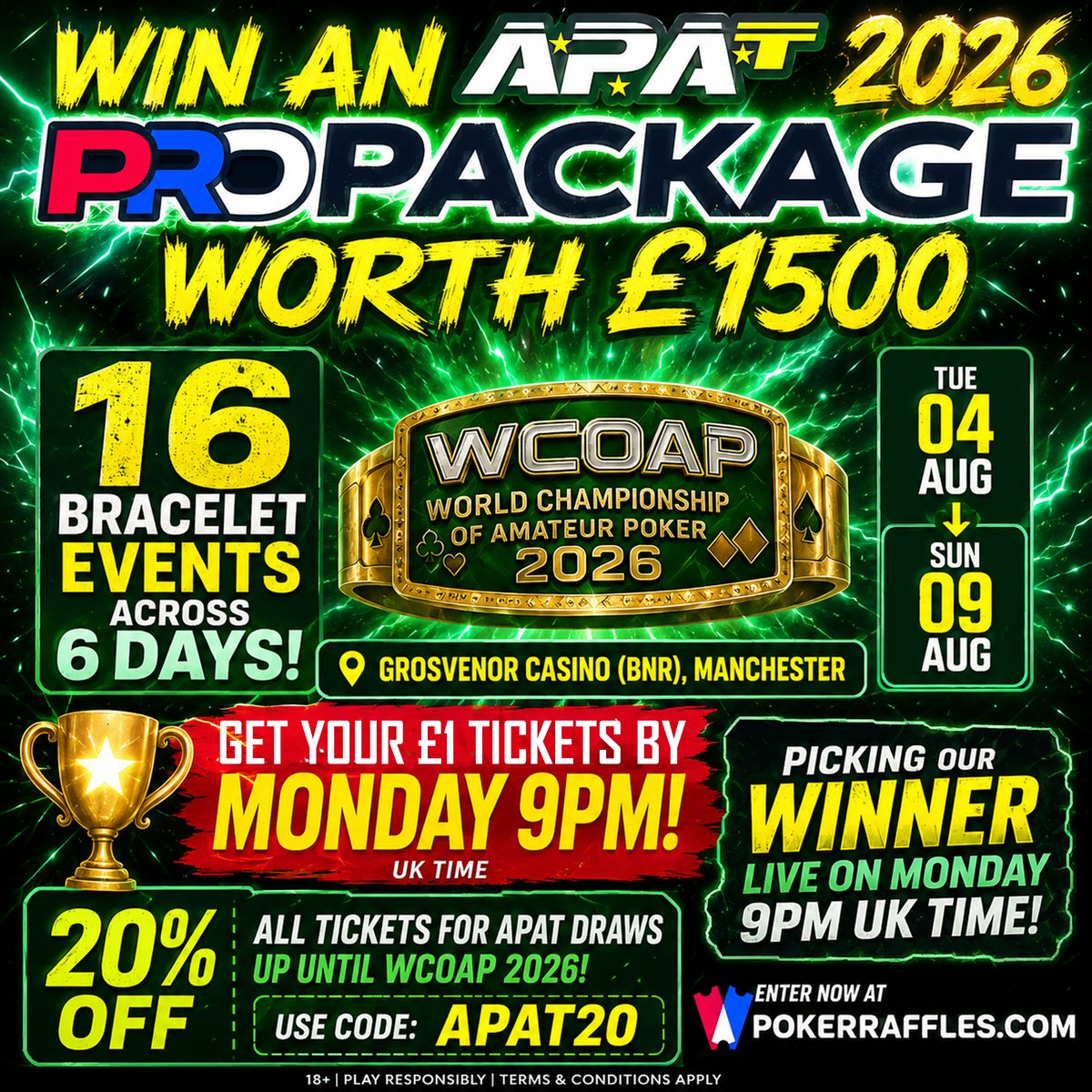 PokerRaffles's tweet photo. We've got an @apatpoker WCOAP PRO Package up for grabs this Monday Night worth £1,500

With 16 Bracelet events and buyins ranging from £70-£210, plenty of NLHE and lots of Mixed Games

Get your tickets by 9pm on Monday

https://t.co/2yrl7ZaxN8 | 18+ Play Responsibly https://t.co/wcxZixa6TE