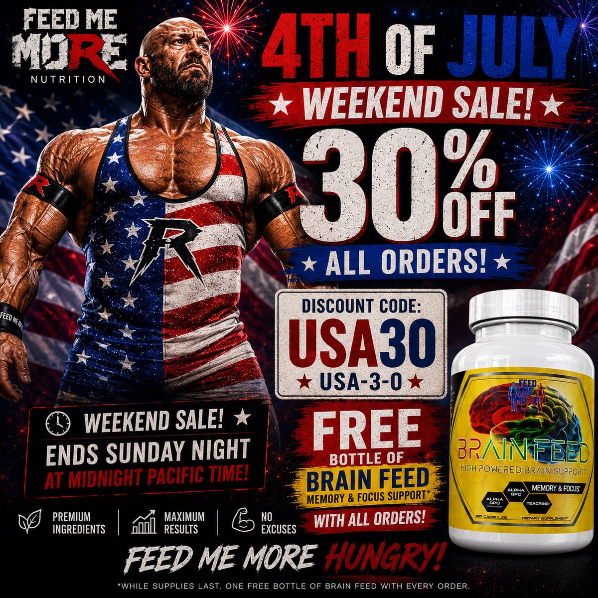Ryback's tweet photo. 🇺🇸 Happy 4th of July, everyone!

As we celebrate our nation’s independence, let’s all take a moment to be grateful for the brave men and women whose courage and sacrifice helped make the freedoms we enjoy today possible. Spend time with your family, appreciate the little things, and never take this opportunity for granted.

To celebrate, my team at @FMMNutrition is giving you 30% OFF ALL ORDERS with code USA30, plus you’ll receive a FREE bottle of Brain Feed Memory & Focus Support with every order, while supplies last.

The sale ends Sunday at Midnight Pacific Time.

Thank you to everyone who has supported Feed Me More Nutrition over the past 10 years. Your loyalty and trust mean the world to me, and I look forward to continuing to help you become the best version of yourself.

Have a safe, healthy, and Happy 4th of July weekend!

Feed Me More!