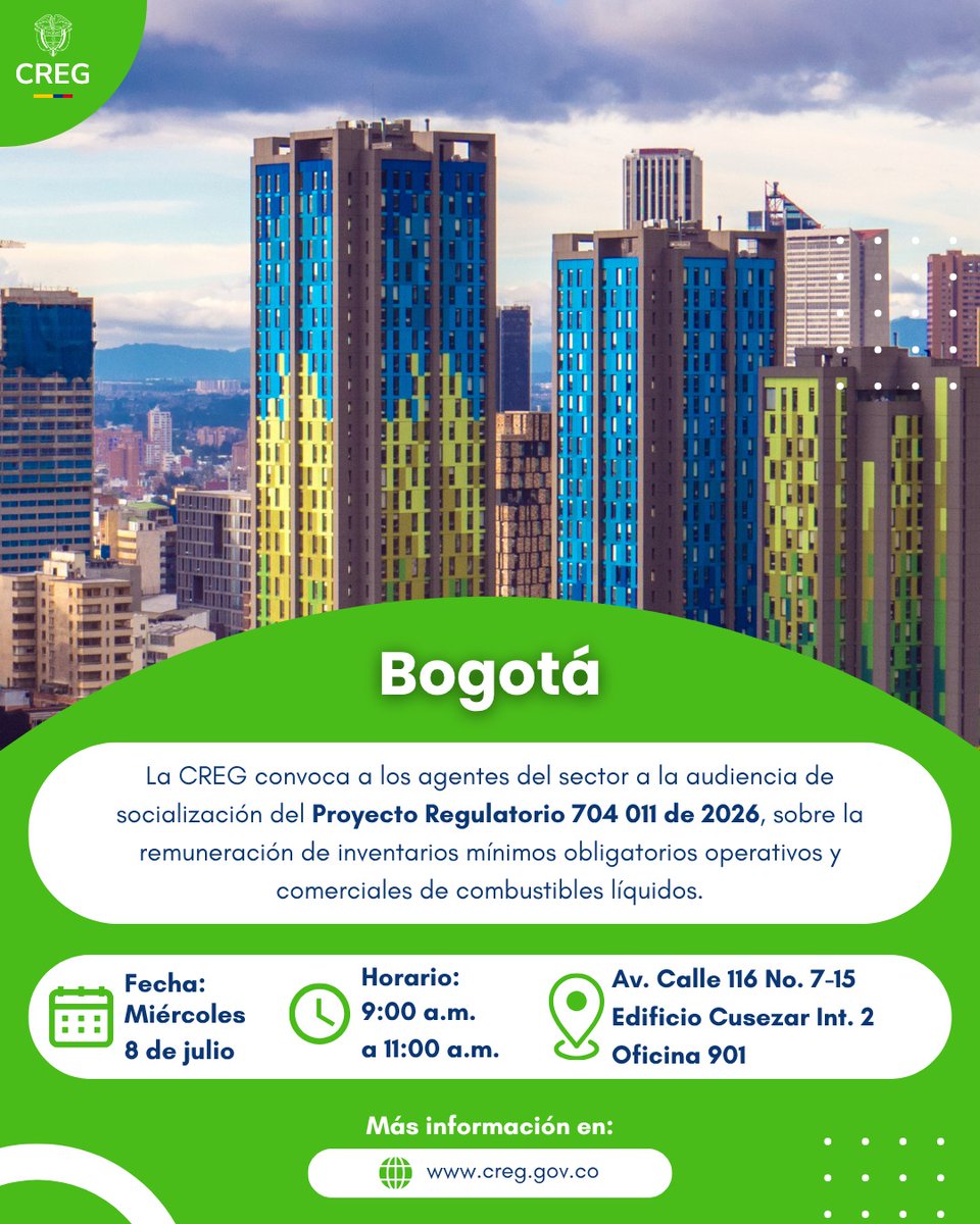 comisioncreg's tweet photo. La Comisión de Regulación de Energía y Gas (CREG) avanza en la consolidación de mecanismos que aseguren la soberanía y confiabilidad energética del país mediante el Proyecto de Resolución 704 011 de 2026.

Inscríbase en:
https://t.co/TE5Bkm43gO https://t.co/GZTKwQorBV