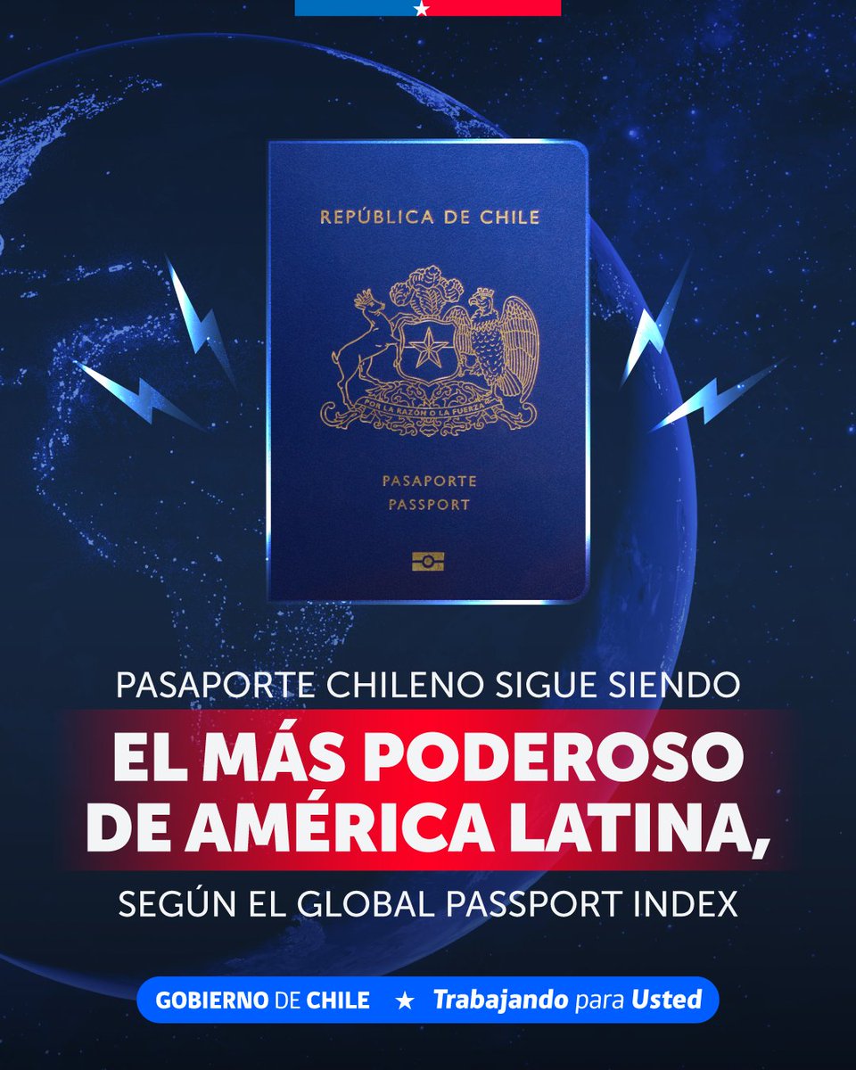 RegCivil_Chile's tweet photo. ¡Tenemos excelentes noticias! ✈️🌐
El pasaporte chileno se consolida como el más fuerte de Latinoamérica en 2026, según el último Global Passport Index. https://t.co/bUtrzhOz4P
