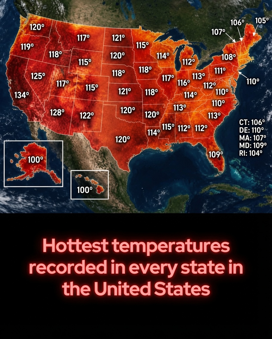 Rainmaker1973's tweet photo. Every state in the US has recorded temperatures of at least 100 degrees Fahrenheit including Alaska. 

The highest temperature ever documented in the country reached 134 degrees Fahrenheit or 56.7 degrees Celsius at Death Valley California on July 10 1913. This measurement remains the highest reliably recorded air temperature on Earth. 

Numerous states have experienced extremes well above 115 degrees Fahrenheit. In 1936 during the Dust Bowl era North Dakota recorded 121 degrees Fahrenheit even though the location sits only 150 miles from the Canadian border. Oklahoma registered 120 degrees Fahrenheit on multiple occasions that same summer. 

The 2021 Pacific Northwest heat wave produced new milestones. Washington achieved an all time high of 120 degrees Fahrenheit while Oregon matched its statewide record of 119 degrees Fahrenheit. 

Not all peak temperatures originate in the Southwest. Minnesota has reached 115 degrees Fahrenheit Missouri has hit 118 degrees Fahrenheit and Rhode Island has climbed to 104 degrees Fahrenheit. 

Alaska recorded its highest temperature of exactly 100 degrees Fahrenheit in Fort Yukon on June 27 1915. Hawaii also attained 100 degrees Fahrenheit in Pahala on April 27 1931. 

The majority of statewide heat records occurred during July or August. However some emerged during atypical early season heat waves demonstrating that extreme temperatures can appear outside the core summer months. 

With more than 260 million Americans currently facing dangerous heat conditions meteorologists caution that long standing state records may face challenges in the future as extreme heat events increase in frequency.