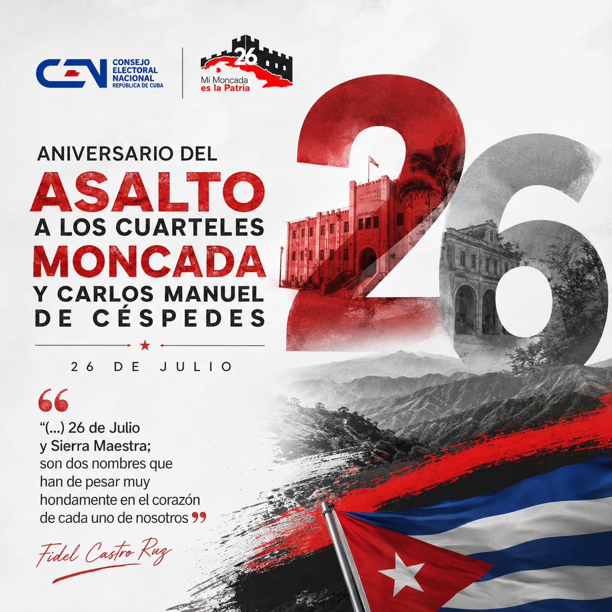 Elecciones_Cuba's tweet photo. #MiMoncadaEsLaPatria
En el año del centenario del Comandante en Jefe Fidel Castro Ruz y el Séptimo Aniversario de @Elecciones_Cuba, la familia electoral en todo el país, conmemora el Día de la Rebeldía Nacional #JuntosPorLaDemocracia. https://t.co/0HFYolWQEN