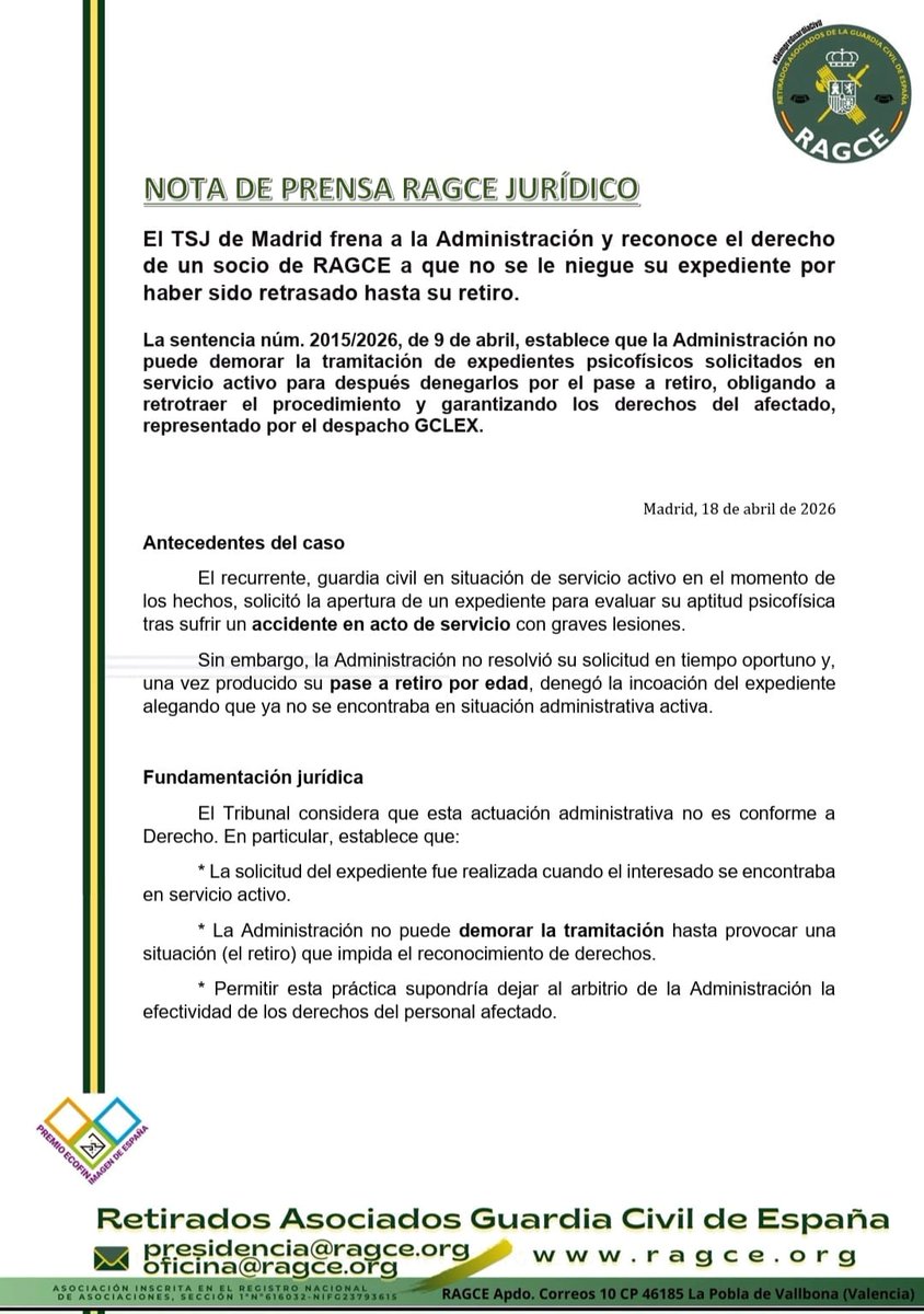 RAGCEasociados's tweet photo. SERVICIO JURÍDICO RAGCE
El TSJ de Madrid da la razón a un socio de #RAGCE al declarar que la Administración no puede retrasar la tramitación de un expediente de Insuficiencia Psicofísica solicitado cuando estaba en activo para, posteriormente, denegarlo por haber pasado a retiro. https://t.co/3sItnjRrbF