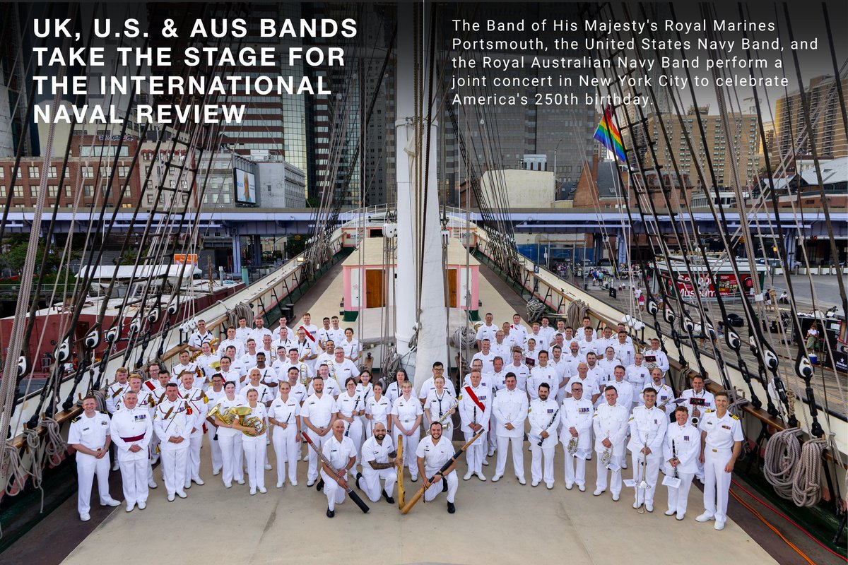 UKdefUS's tweet photo. An International Naval Review deserves an international soundtrack. 🇬🇧🇺🇸🇦🇺🎶

@RMBandService, @USNavyBand, and the @Australian_Navy Band took the stage together for #America250. https://t.co/jY559E3BZD