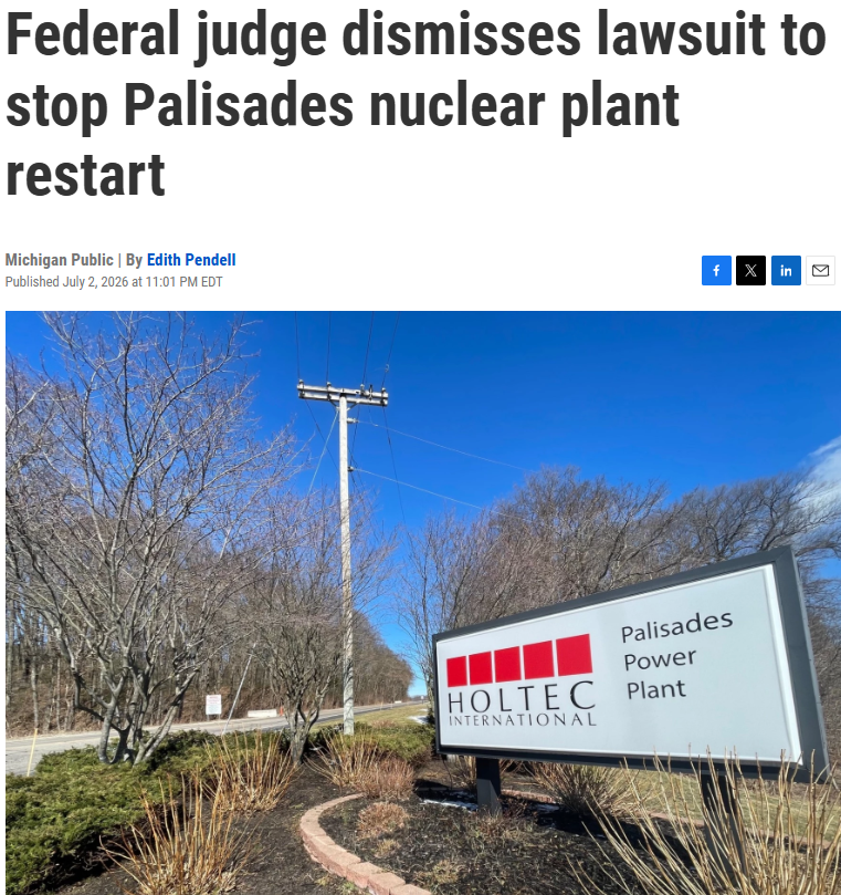 HopfJames's tweet photo. A federal judge has dismissed a lawsuit by anti-nuclear groups to block the restart of the Palisades plant.  They tried to argue that restarting a plant that had started decommissioning is llegal.  Article link in reply.

Contrary to these groups' claim that restart would be dangerous, this is a victory for the environment and public health.

Not allowing nuclear plant restarts would result in a similar amount of fossil fuel generation in their place.  Fossil power generation is orders of magnitude more dangerous and harmful than nuclear power.  Thus, NOT allowing nuclear restarts would have an overwhelmingly negative net environmental (climate and public) impact.

This is something that these dogmatic anti-nuclear groups will never understand.  Against the scientific consensus, they think nuclear is far more dangerous than fossil.  They prefer fossil over nuclear.  I have no patience for such people.  They're environmental criminals as far as I'm concerned.