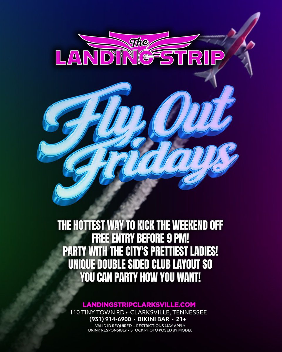 ClarksvilleTLS's tweet photo. Take off into your weekend the right way. Doors open at 7pm. #LandingStripClarksville #FlyOutFridays https://t.co/vcVw3D6BDm
