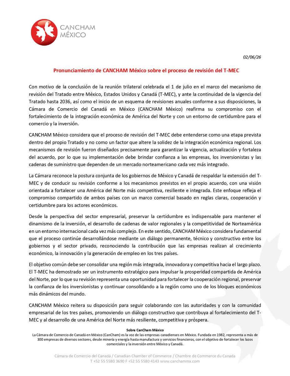 CanChamMx's tweet photo. Para CANCHAM México, la revisión del T-MEC es un mecanismo clave que fortalece la competitividad de América del Norte hacia 2036. Reiteramos la importancia de preservar la certidumbre, pieza clave para la inversión y las cadenas de valor en la región.

#TMEC #CanCham #Negocios https://t.co/f62nrUwwmr