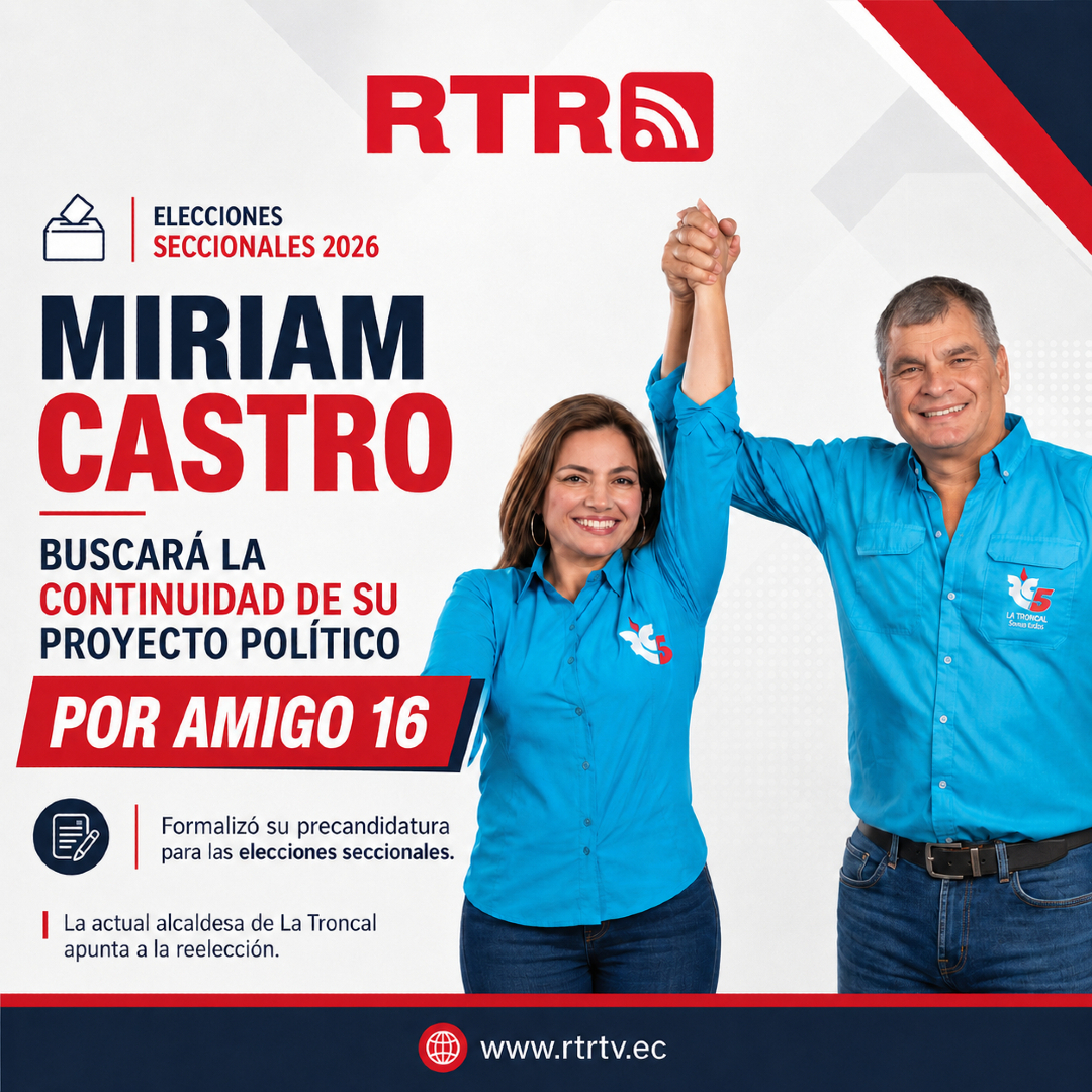 rtrecuador's tweet photo. 🗳️ #LaTroncal | MIRIAM CASTRO BUSCARÁ LA CONTINUIDAD DE SU PROYECTO POLÍTICO POR AMIGO 16

Miriam Castro, actual alcaldesa de La Troncal, formalizó su precandidatura para buscar la continuidad de su proyecto político en las próximas elecciones seccionales.

En esta ocasión, Castro participará bajo el paraguas del movimiento Amigo 16, organización que se perfila dentro del escenario electoral con respaldo político vinculado al liderazgo del expresidente Rafael Correa.

De acuerdo con el calendario electoral, una vez cumplidas las jornadas de democracia interna, las organizaciones políticas deberán avanzar con la inscripción oficial de sus candidatos para quedar habilitados dentro del proceso electoral.

La actual alcaldesa se suma así a la lista de figuras políticas que empiezan a definir su participación en la contienda por la Alcaldía de La Troncal, en un escenario que comienza a tomar fuerza de cara a los comicios previstos para noviembre de este año.

RTRTV, la señal que va contigo.
Más información en https://t.co/KGgVlMmcrj