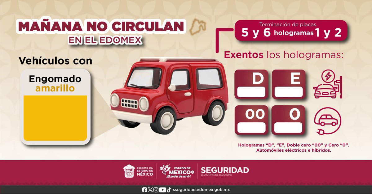 SS_Edomex's tweet photo. ¡Atención 𝐩𝐞𝐫𝐬𝐨𝐧𝐚𝐬 𝐜𝐨𝐧𝐝𝐮𝐜𝐭𝐨𝐫𝐚𝐬 🚘!

No olvides que mañana 𝐧𝐨 𝐜𝐢𝐫𝐜𝐮𝐥𝐚𝐧 ❌ vehículos que tienen terminación de placa 𝟱 𝘆 𝟲, y engomado color amarillo 🟡.

👮🏻‍♀️👮🏻‍♂️ Respeta la normativa y evita sanciones.

Excelente noche ✨. https://t.co/q97RSRyTX7