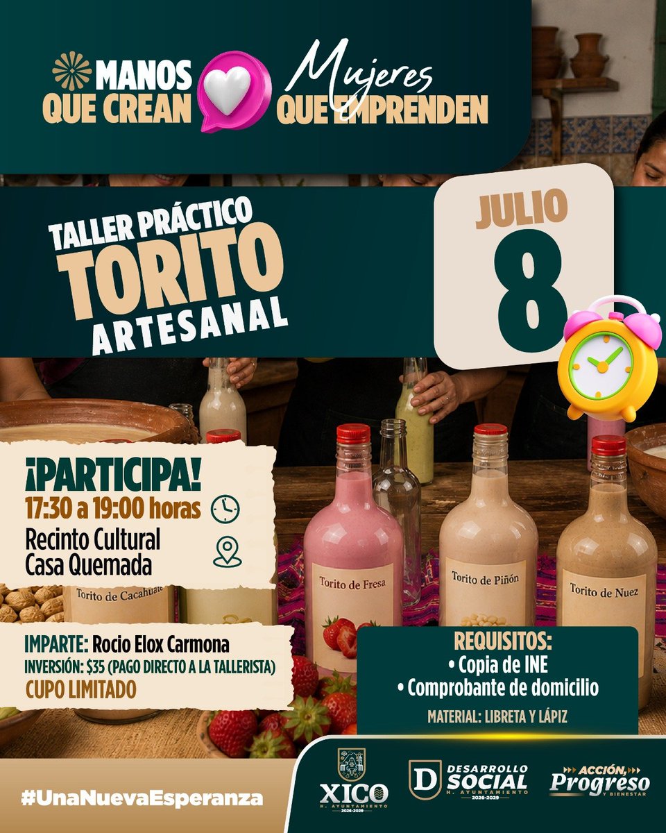 aytoxico's tweet photo. 🍶✨ Invitamos a participar en el Taller Práctico de Torito Artesanal.

📅  8 de julio
🕠 17:30 a 19:00 h.
📍 Recinto Cultural Casa Quemada
👩‍🏫 Imparte: Rocío Elox Carmona

💰 Cuota de recuperación: $35

📝 Lleva libreta y lápiz para anotar las recetas.

⚠️ Cupo limitado. https://t.co/d259odaDDp