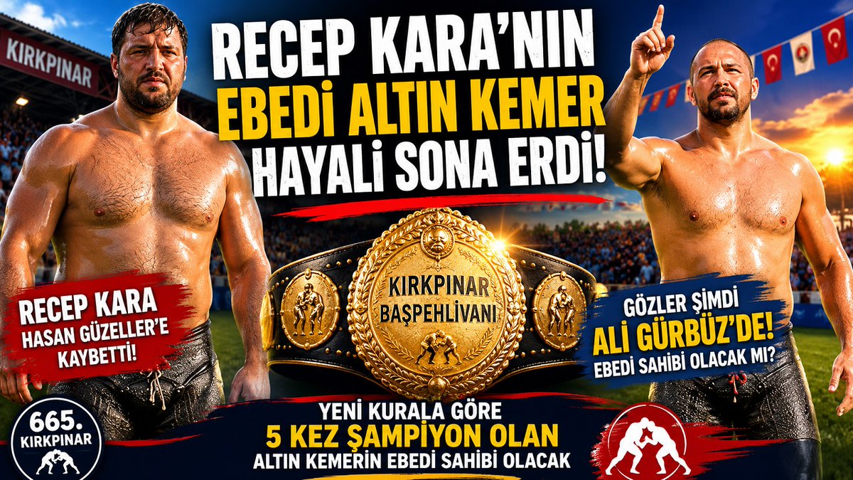 batiakdeniztv's tweet photo. 🚨 RECEP KARA'NIN EBEDİ ALTIN KEMER HAYALİ SONA ERDİ!

Tarihi Kırkpınar Yağlı Güreşleri'nde başpehlivan Recep Kara, güçlü rakibi Hasan Güzeller'e mağlup olarak organizasyona veda etti.

Yeni düzenlemeyle birlikte 5 kez başpehlivan olan güreşçiler altın kemerin ebedi sahibi olabiliyor. Recep Kara'nın beşinci şampiyonluk hayali bu yıl gerçekleşmezken, gözler şimdi aynı hedefe yürüyen Ali Gürbüz'e çevrildi.

🏆 Ali Gürbüz, bu yıl şampiyon olması halinde Kırkpınar tarihinde altın kemerin ebedi sahibi olan isimlerden biri olabilecek.

📲 Detaylı haber için:
 https://t.co/Cgcv36l0n0

#Kırkpınar #RecepKara #AliGürbüz #HasanGüzeller #YağlıGüreş #Başpehlivan #AltınKemer #Edirne #Spor #BatıAkdenizTV